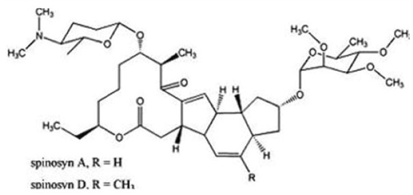 Estructura molecular de spinosad (spinosina A y spinosina D)